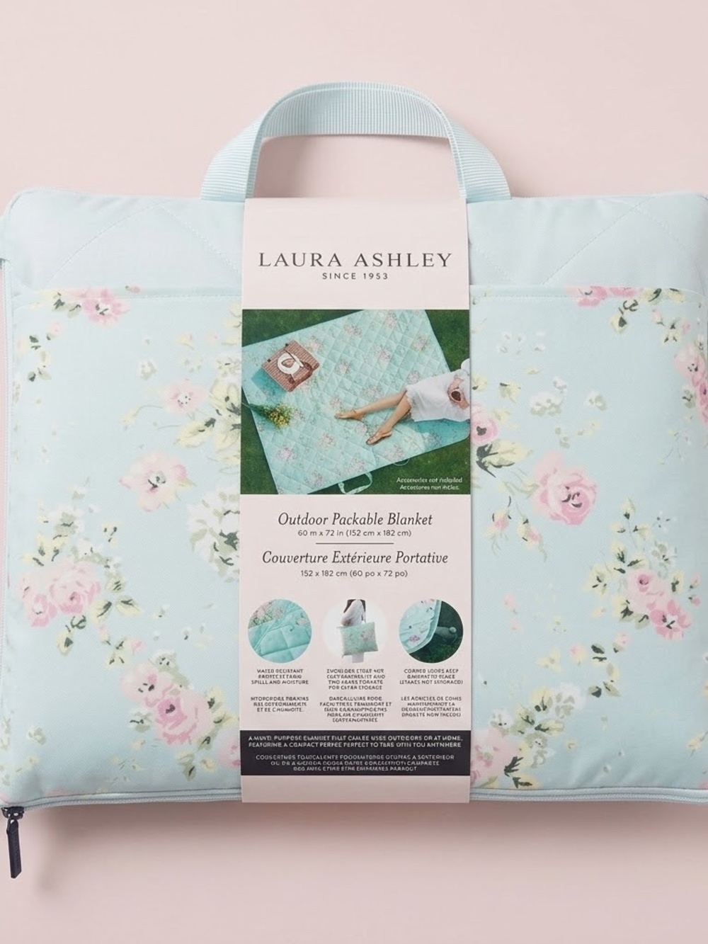 NWT Laura Ashley Blue Floral Packable Outdoor Picnic Blanket with Pink Roses